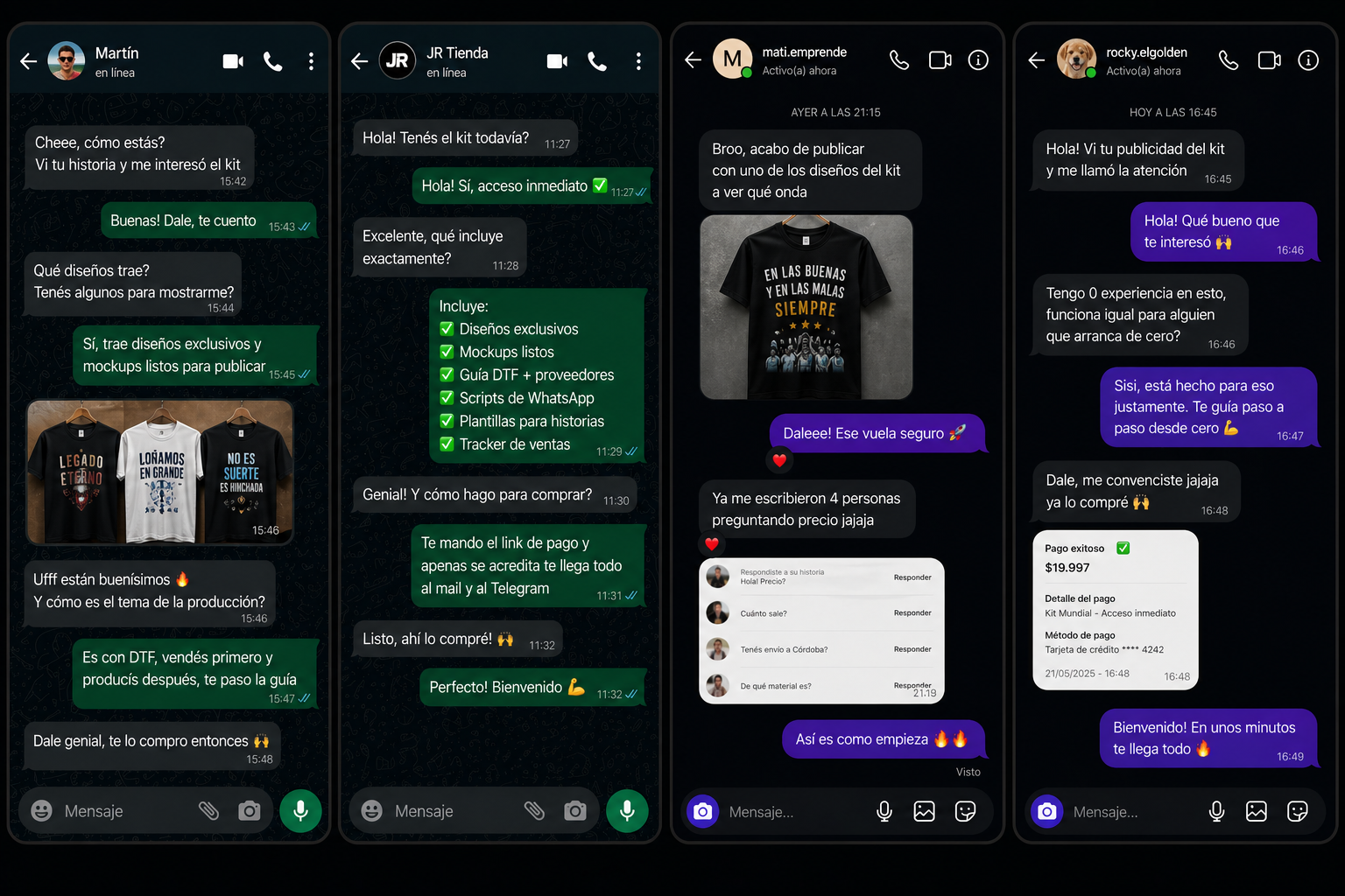 Capturas de WhatsApp e Instagram de personas vendiendo remeras del Mundial con el kit